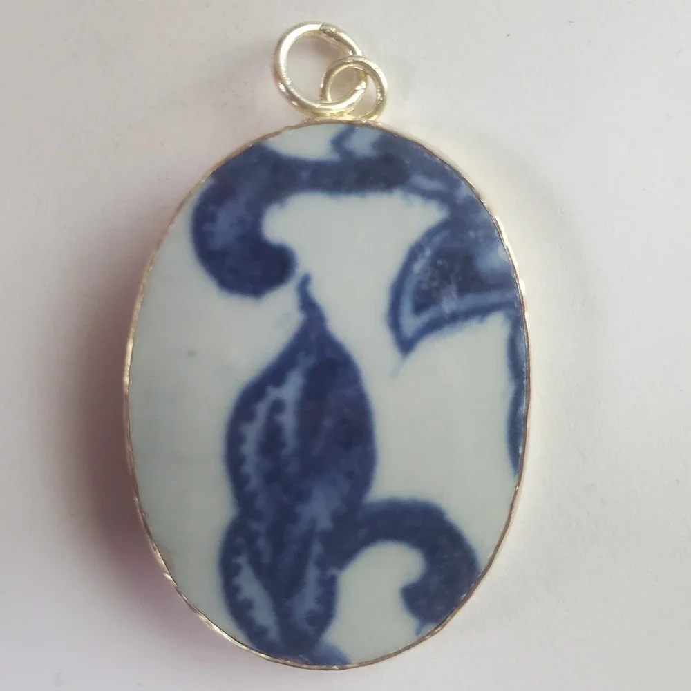 Vintage Ming Blue & White Porcelain Pottery Shard Pendant Oval Chinoiserie Focal